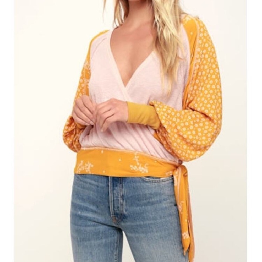Free People Mustard Floral Trim Knit Top
